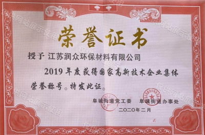 2019年国家高新企业集体荣誉证书  